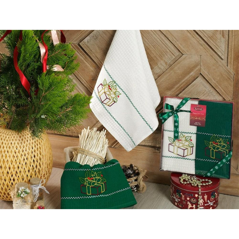 Virtuves lupatu komplekts 2x40x60 Happy Christmas zaļi balti izšūta dāvana