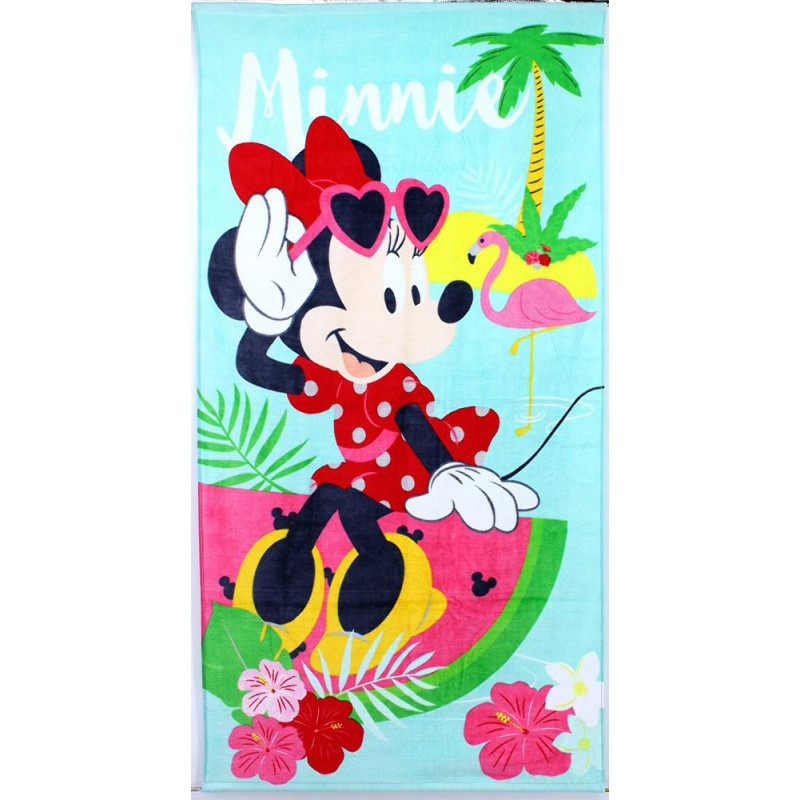 Pludmales dvielis 70x140 Mini Minnie Mouse Flamingo palmas arbūzs tirkīzs paradīzes brīvdienas 360g/m2 bērniem 3491