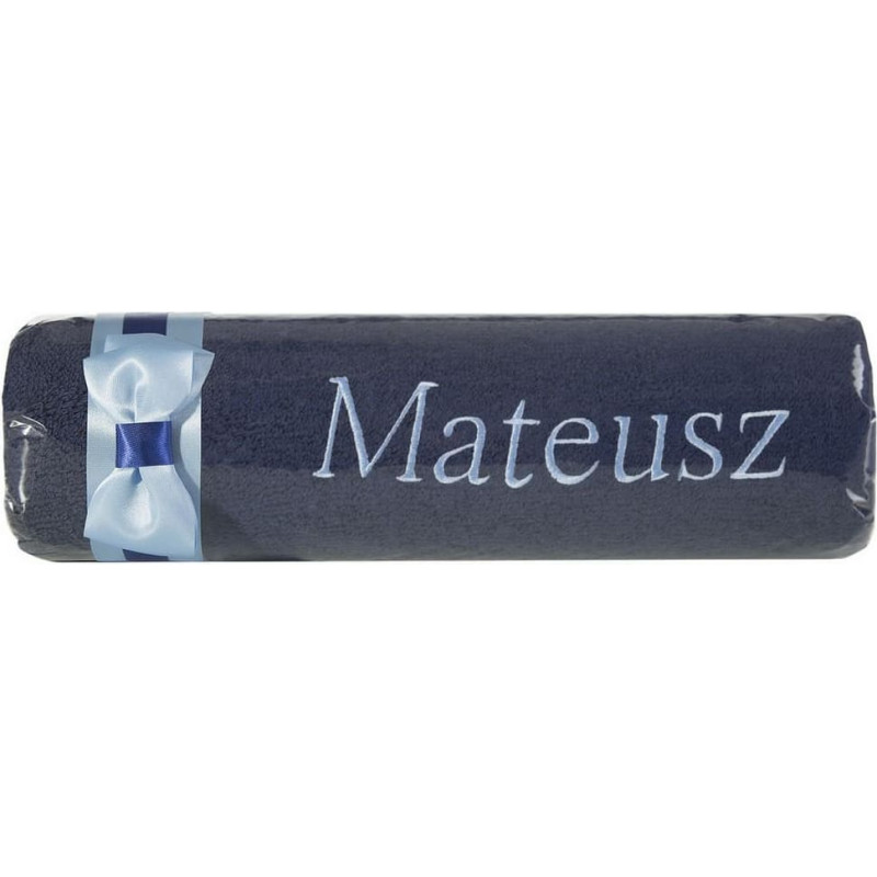 Dvielis ar izšuvumu 50x90 Mateusz, tumši zils, zils bantiņš, vārda dienas dāvanā