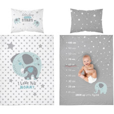 Kokvilnas gultasveļa 90x120 Piparmētru ziloņi ziloņi balti pelēkas zvaigznes 3317 B bērnu gultai 6382 spilvendrāna 40x60