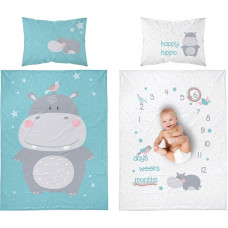Kokvilnas gultas veļa 90x120 Nīlzirgs nīlzirgs putni zvaigznes pelēks tirkīzs 3311 A bērnu gultai 6528 spilvendrāna 40x60