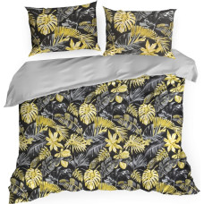 Satīna pakaiši 160x200 monstera palmu lapas melni dzelteni pelēks eksotisks augs kastītē Dorado Nova Print Gift