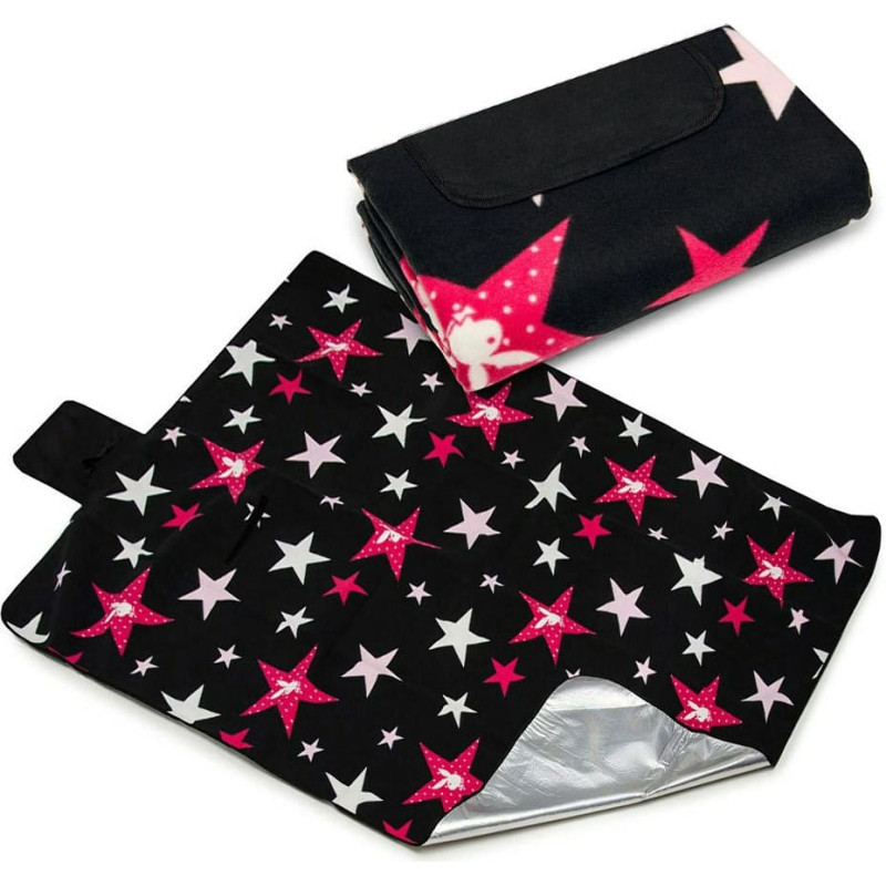 Ūdensizturīga piknika sega 150x200 melnas zvaigznes 016 rozā trušu vilna ar izolējošu pludmales paklājiņu