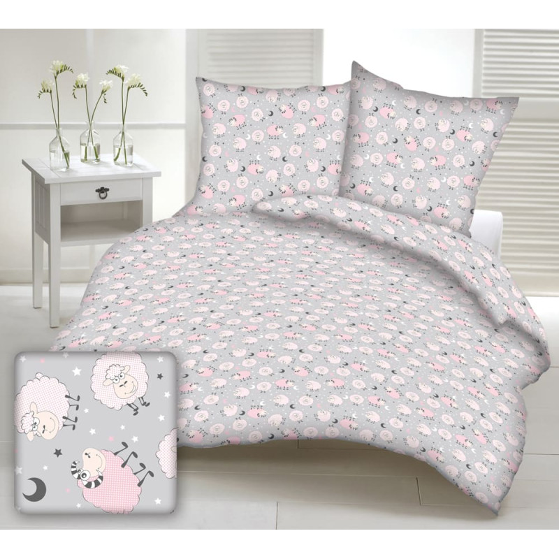 Kokvilnas gultasveļa 100x135 1545E pelēka aita aita rozā zvaigznes bērnu spilvendrāna 50x60