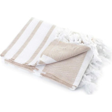 Pludmales dvielis 100x180 Hamam smilškrāsas baltas svītras bārkstis kokvilnas vannas dvielis 210g/m2