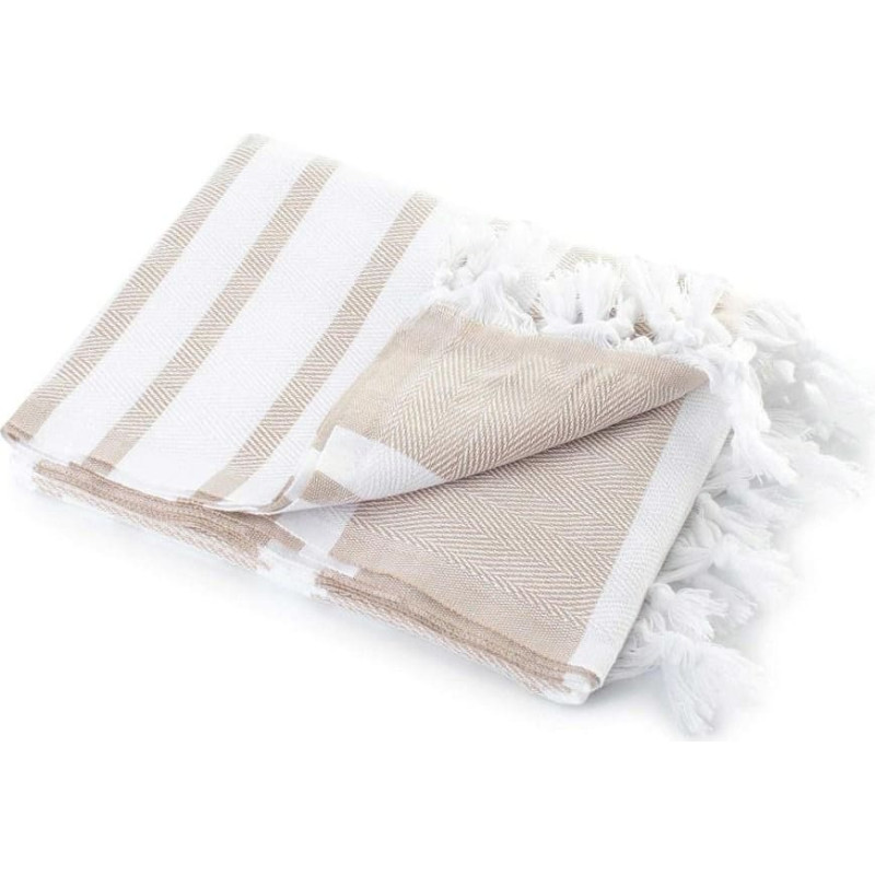 Pludmales dvielis 100x180 Hamam smilškrāsas baltas svītras bārkstis kokvilnas vannas dvielis 210g/m2