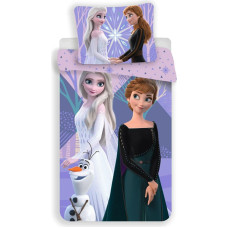 Kokvilnas gultas veļa 140x200 Frozen Frozen 6724 Anna Elsa Olaf violeta spilvendrāna 70x90 bērnu sniegavīrs