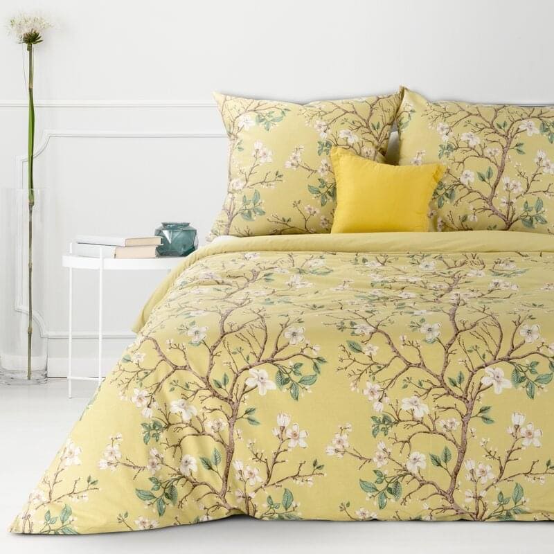 Kokvilnas gultas veļa 160x200 Sara 18 olīvdzeltenu koku ziedu lapas