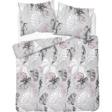 Kokvilnas gultasveļa 180x200 pelēki rozā monstera lapas 4458 A kokvilna 40