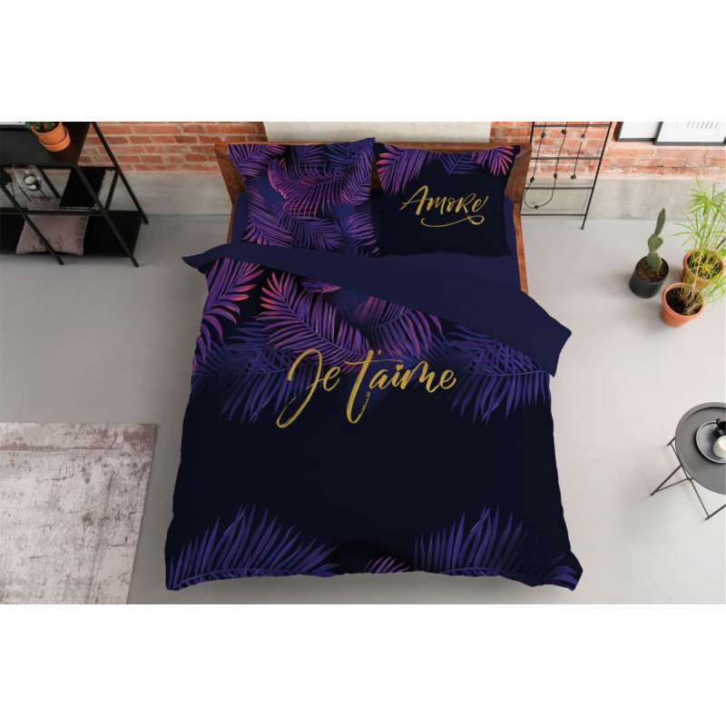 Kokvilnas gultas veļa 160x200 Je t`aime violetas lapas melnas tumši zilas 4415 A Holland Home 45