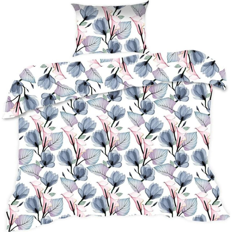 Kokvilnas gultasveļa 140x200 1634N balti zili rozā ziedi lapas Classic E24