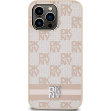 Dkny PU Leather Checkered Pattern and Stripe Case for iPhone 15 Pro Max Pink