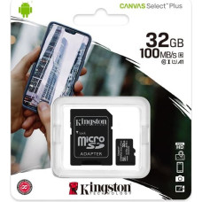 Kingston memory card 32GB microSDHC Canvas Select Plus cl. 10 UHS-I 100 MB|s + adapter