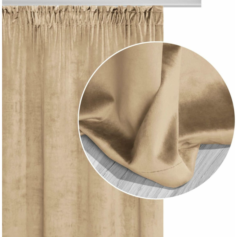 Gatavs aizkars 140x300 bēšs samts uz mīkstas samta lentes viesistabai