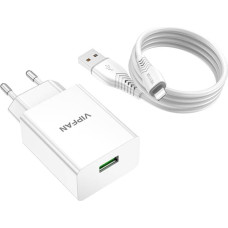 Network charger Vipfan E03, 1x USB, 18W, QC 3.0 + Lightning cable (white)