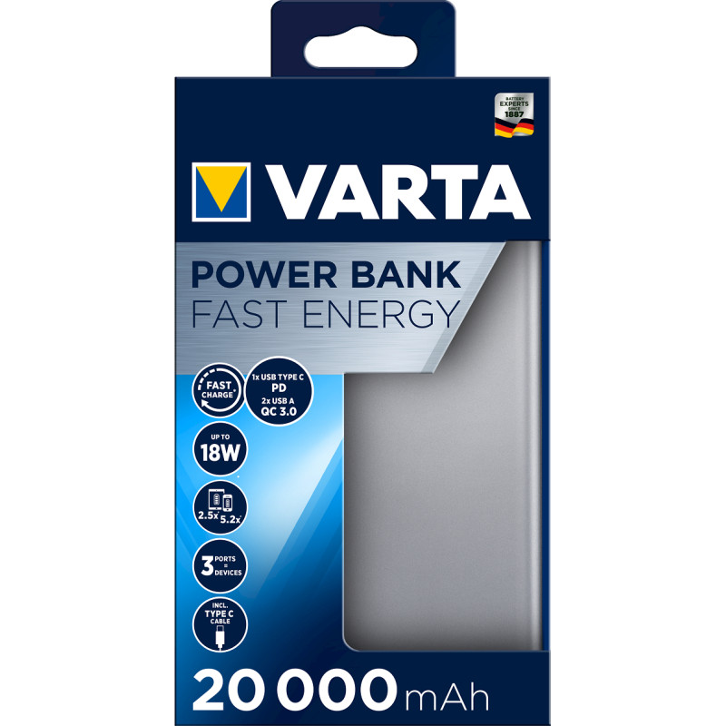 VARTA portatīvais akumulators 20000mAh sudraba