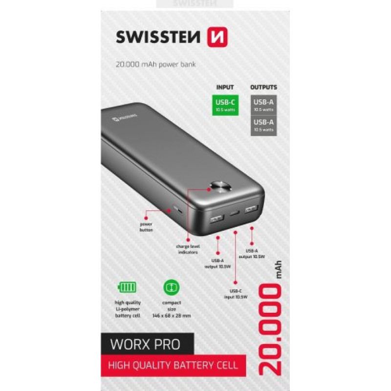 Swissten Power Worx Pro Power Bank Ārējas Uzlādes Baterija 20000 mAh
