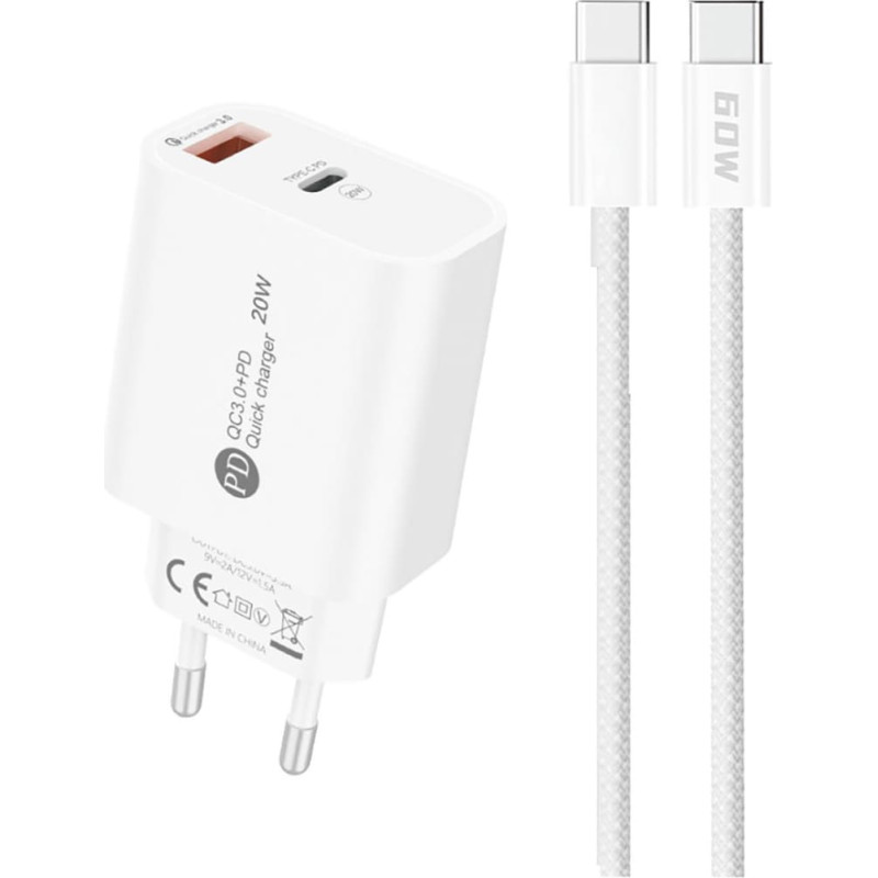 Hurtel 20&nbsp;W USB-A USB-C sienas lādētājs ar 1&nbsp;m USB-C kabeli&nbsp;&mdash; balts