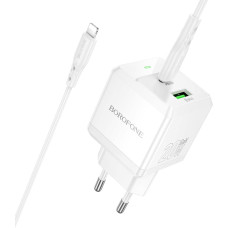 Borofone Wall charger  BN19 Intenso GaN - USB + Type C - PD 20W QC 3.0 3A with Type C to Lightning cable white