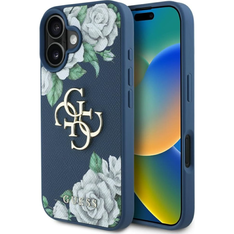 Case Guess Grained Roses Big 4G logo for  iPhone 16 blue