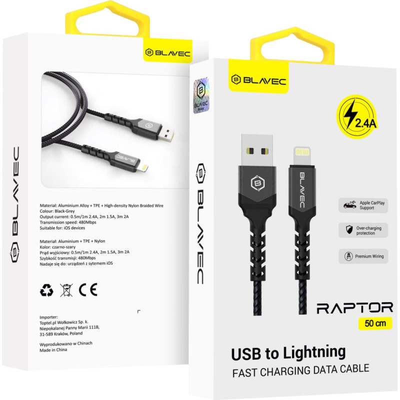 Blavec Cable Raptor braided - USB to Lightning - 2,4A 0,5 metres (CRA-UL24BG05) black-grey