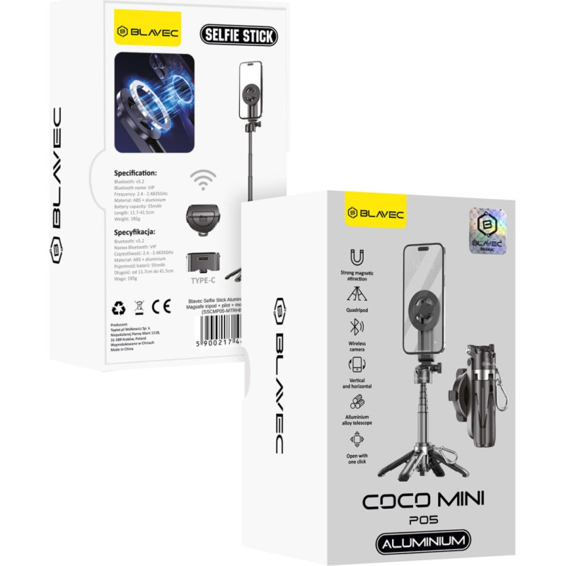 Blavec Selfie Stick Aluminium Coco Mini P05 Magsafe tripod + remote control + holder 0,41 metres (SSCMP05-MTRHB041) black