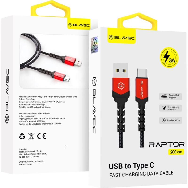 Blavec Cable Raptor braided - USB to Type C - 3A 2 metres Apple CarPlay|Android Auto (CRA-UC3BR20) black-red