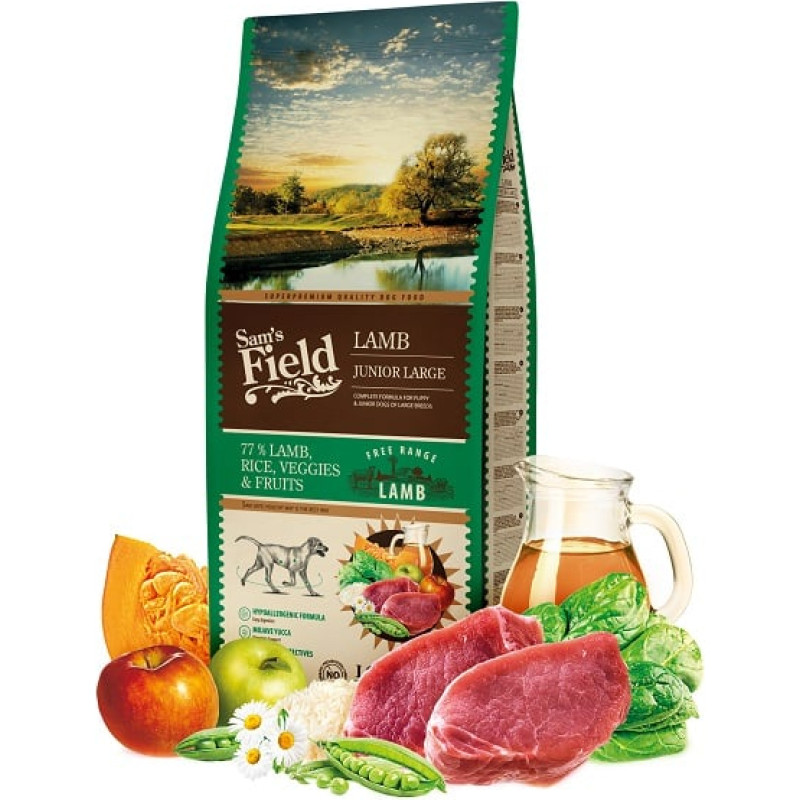 Sams Field Sausā barība kucēniem : Sams Field DOG Fresh Lamb&Rice JUNIOR LARGE 13 kg.