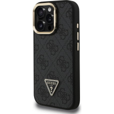 Guess PU 4G Strass Triangle Logo Stand Camera Frame MagSafe Case for iPhone 15 Pro Black