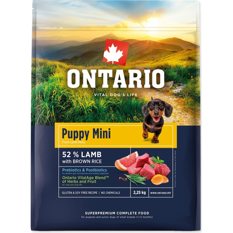 Ontario Barība kucēniem – Ontario Puppy Mini, Lamb and Brown Rice, 2,25 kg