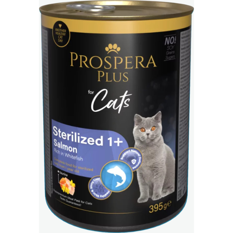 Prospera Plus Konservi kaķiem &ndash; Prospera Plus Cat, Meat Pat&eacute; Sterilized 1+, Salmon with Whitefish, 395 g