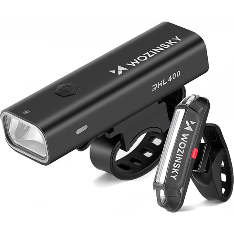 Wozinsky Uzlādējamu velosipēda lukturu komplekts, priek&scaron;ējais un aizmugurējais, 400 lm - melns