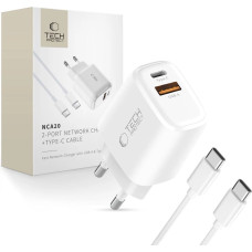 Tech-Protect NCA20 USB-A USB-C PD QC 20W sienas lādētājs ar 1m USB-C kabeli - balts