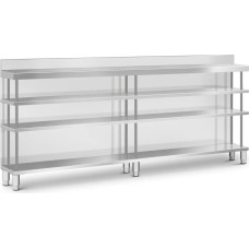 Royal Catering Bāra galds, darba virsma, ēdinā&scaron;anas uzņēmums, ar apmali, 4 plaukti, TĒRAUDS, 250 x 30 x 105 cm