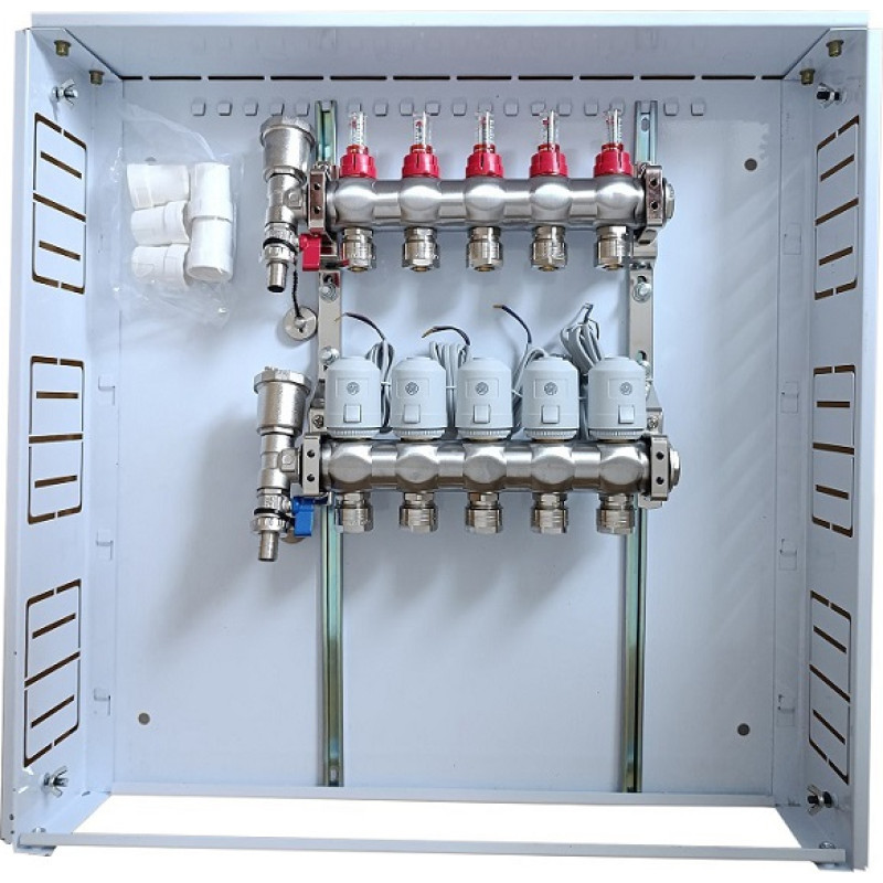 Hismart Apkures kolektors 5 cilpas ar termiskajiem izpildmehānismiem NC AC230V un plūsmas mērītājiem