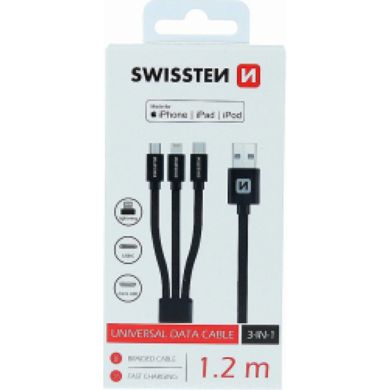 Swissten Textile Universal 3in1 USB-C | Lightning Data MFI | Micro USB Cable 1.2m Black