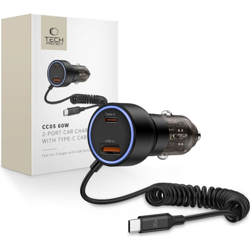 Tech-Protect Automa&scaron;īnas lādētājs + USB-C kabelis CC05 PD 60W - melns
