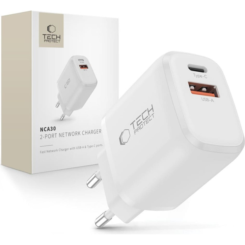 Tech-Protect USB-A USB-C NCA30 PD QC 30W sienas lādētājs - balts