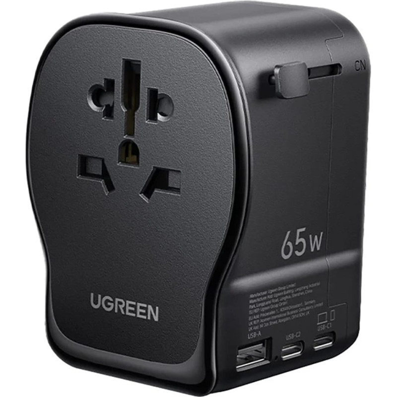 Ugreen Ceļojuma maiņstrāvas adapteris ar USB-C USB-A lādētāju 65 W - melns