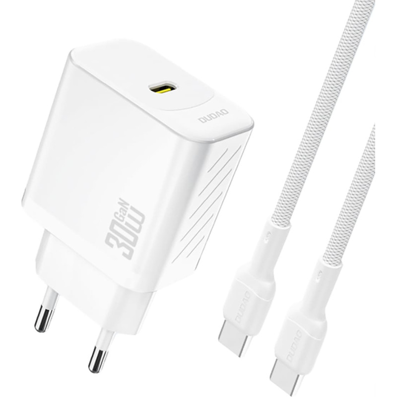Dudao USB-C sienas lādētājs ar USB-C GaN PD 30W kabeli - balts