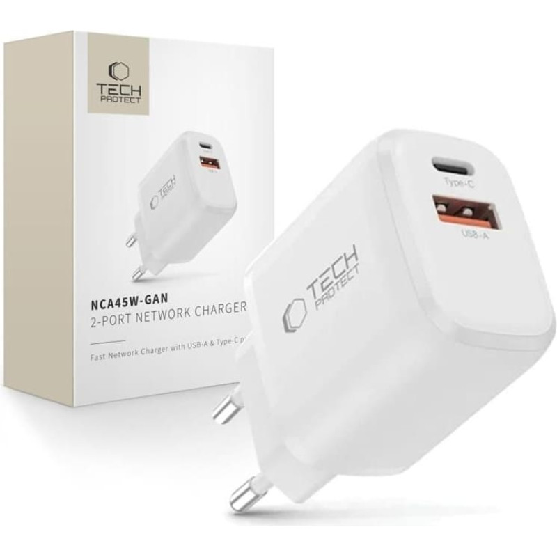 Tech-Protect NCA45W-GAN 2-Port USB-C | USB-A 45W Wall Charger - White