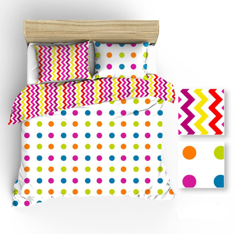 Kokvilnas gultas veļa 160x200 R095 balti punktiņi krāsaini zigzagi 28D 76D