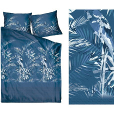 Satīna gultasveļa 220x200 Insignia Ballad Blue tumši zils monstera palmu lapas papagailis