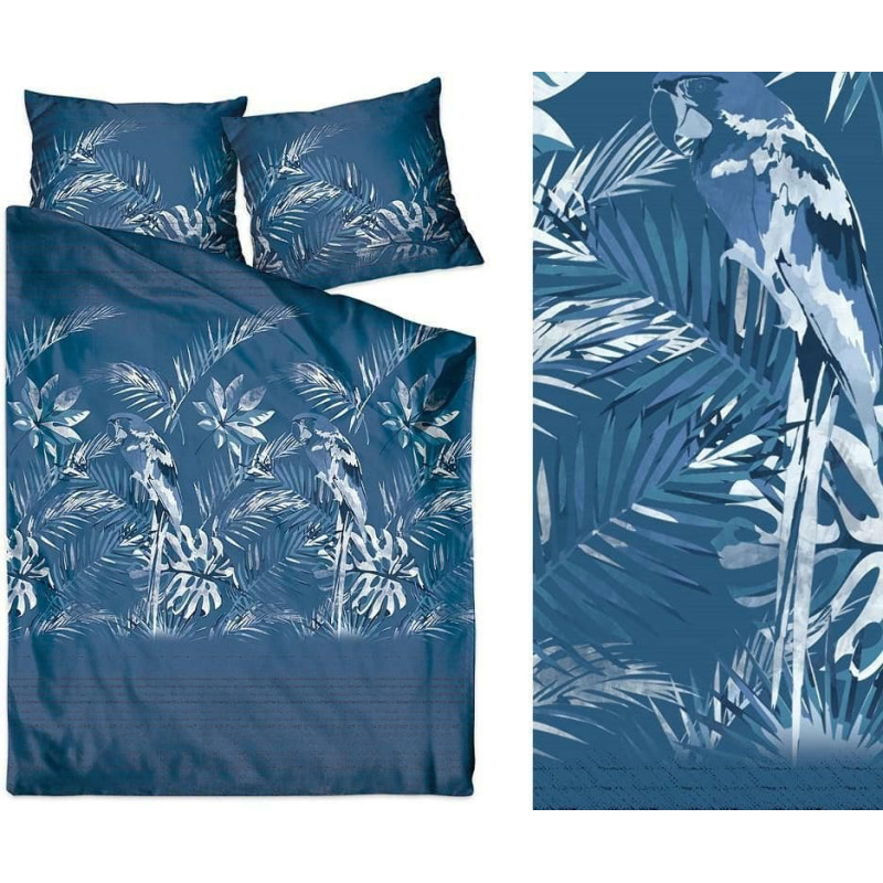 Satīna gultasveļa 220x200 Insignia Ballad Blue tumši zils monstera palmu lapas papagailis