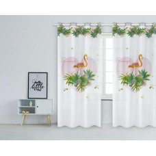 Gatavs aizkars Flamingo 140x250 palmas ziedi sirds balta rozā oranža zaļa ar gropēm jaunība Havana