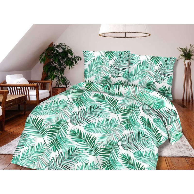 Kokvilnas pakaiši 220x200 71440/1 palmu lapas balts zaļš augs tropisks Cottonlove