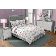 Kokvilnas gultas veļa 220x200 Eufloria 012 ziedi balti rozā piparmētru abpusēji