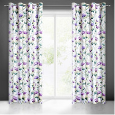 Aizkars 140x250 Emilly krēmkrāsas violets ar krāsotu dadžu rakstu, kas izgatavots no gaiši matētas mikrošķiedras, gatavs caurduršanai