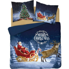 Ziemassvētku gultasveļa 160x200 4267 Priecīgus Ziemassvētku vecītis kamanās tumši zilās kokvilnas Holandes Ziemassvētki 2022