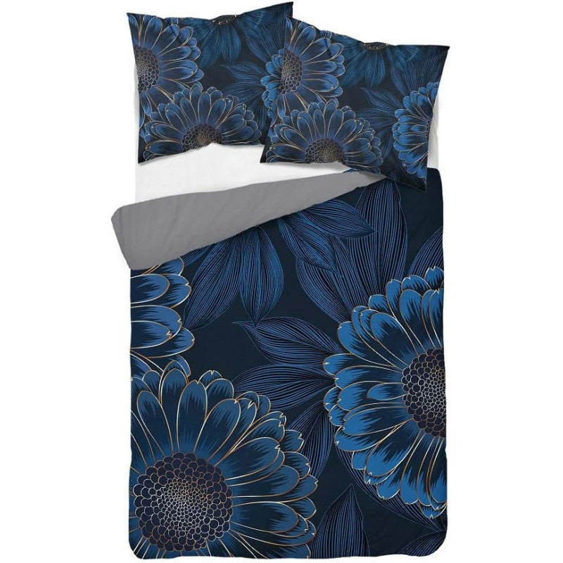3D mikrošķiedras gultas veļa 160x200 Ziedi tumši zili pelēks 4362 A Magic 2